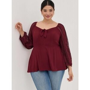 NWT Torrid Esther Peplum Rayon Tie Front Crepe Embroidered Sleeve Top Size 4